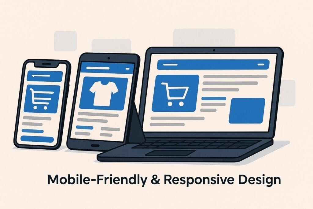 Mobile-friendly and responsive eCommerce website design on smartphone, tablet, and laptop
