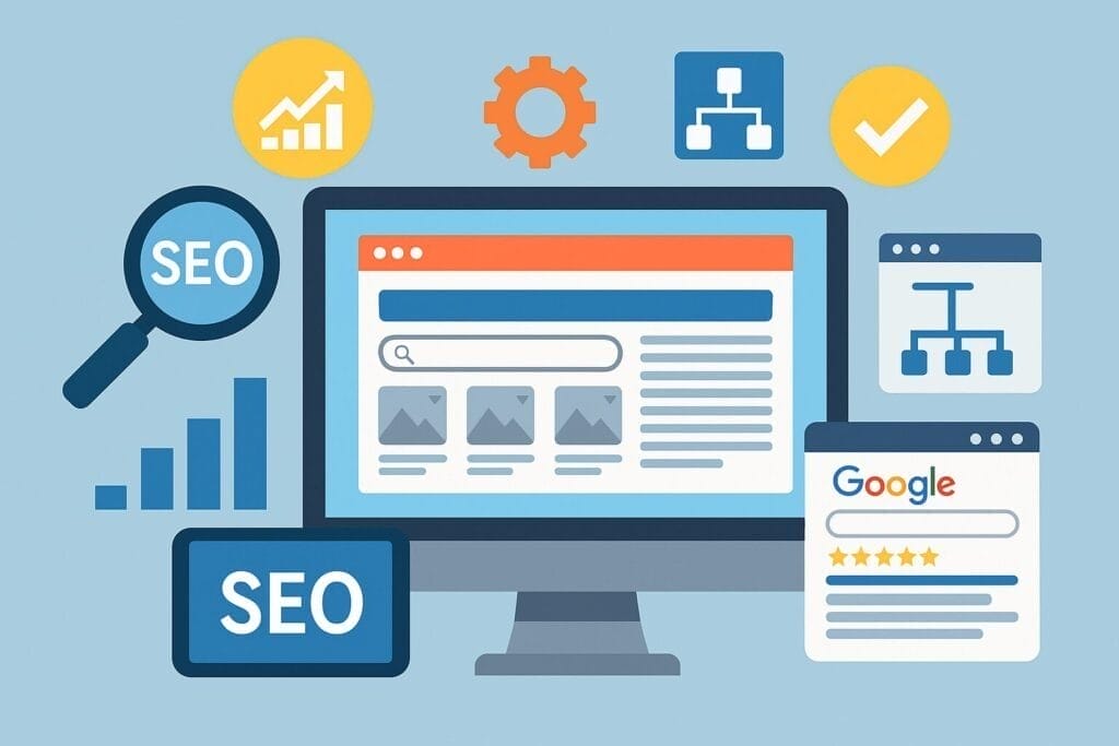 SEO-friendly eCommerce website structure with categories, sitemap, and Google search snippets